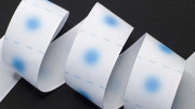 Лента репсовая с рисунком для лепестков канзаши, 40мм, цвет белый, голубой кружок, рапорт 40*40мм, РР38-030, 1м
