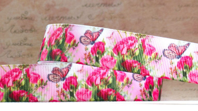 Лента репсовая с рисунком, 22мм, цвет розовый, розовые розы и бабочки, РР22-249, 1м