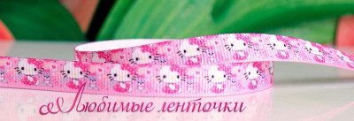 Лента репсовая с рисунком, 9мм, цвет розовый, кошечка Hello Kitty, РР09-007, 1м