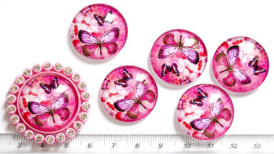 Кабошон стеклянный, круглый, две бабочки, цвет розовый, 25мм, К0268, 1шт