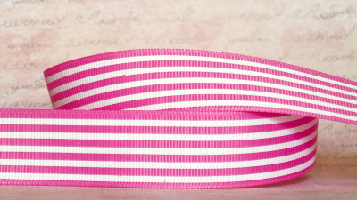 Лента репсовая с рисунком, 25мм, цвет розовый, полосы белые, РР25-254, 1м