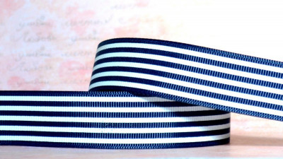 Лента репсовая с рисунком, 25мм, цвет тёмно-синий, полосы белые, РР25-252, 1м