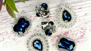 Кабошоны ювелирные со стразами с темно-синем камнем, 6 штук, МИКС026