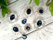 Кабошоны ювелирные со стразами с темно-синем камнем, 6 штук, МИКС027