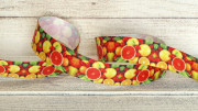 Лента репсовая с рисунком, 25мм, цвет жёлтый, цитрусовые фрукты, РР25-284, 1м