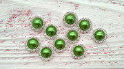 Ювелирная серединка, круглая, жемчужина со стразами, цвет зелёный, 16мм, металлическая основа под серебро, ЮС-0254, 1 шт