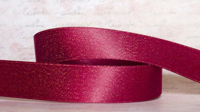 Лента сатиновая декоративная, двухсторонняя, 22мм, цвет вишневый, золотой люрекс ДС22-003, 1м