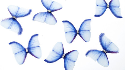 Аппликация объемная, бабочка шифоновая, 40x30мм, цвет голубой, РТ-083,  1 шт