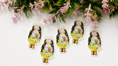 Кабошон плоский, куколка в платье с лимонами, 45x20мм, К0122, 1шт