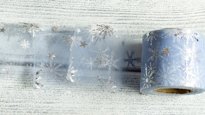 Фатин мягкий снежинки, цвет  голубой, ширина 6 см, 220-011, 1 метр