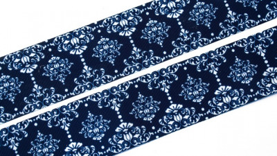 Лента репсовая с рисунком, 38мм, темно-синий, белый орнамент, РР38-072,1м