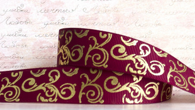 Лента репсовая с рисунком, 22мм, цвет бордовый, узор золото, блеск, РР22-220,1м