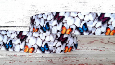 Лента репсовая с рисунком, 25мм, цвет белый, камни, разноцветные бабочки, РР25-307, 1м