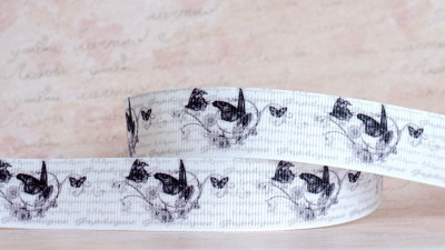 Лента репсовая с рисунком, 25мм, цвет белый, текст, чёрная бабочка, РР22-014, 1м