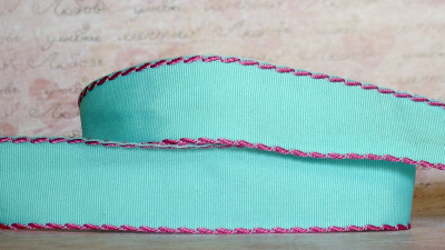 Лента текстильная под репсое плетение, 25мм, цвет аквамарин, вышивка по краю,  ЛТ25-004, 1м