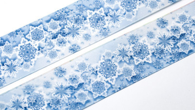 Лента репсовая с рисунком, 38мм, цвет бирюзовый, белые снежинки, РР38-087,1м