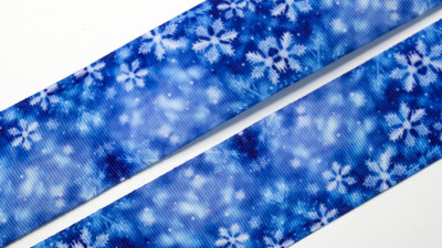 Лента репсовая с рисунком, 38мм, цвет синий, снежинки, РР38-081,1м